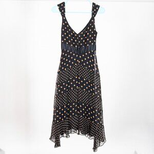 BCBG Max Azria Silk Polka Dot Dress Size 4 Black Handkerchief Hem Cocktail Party